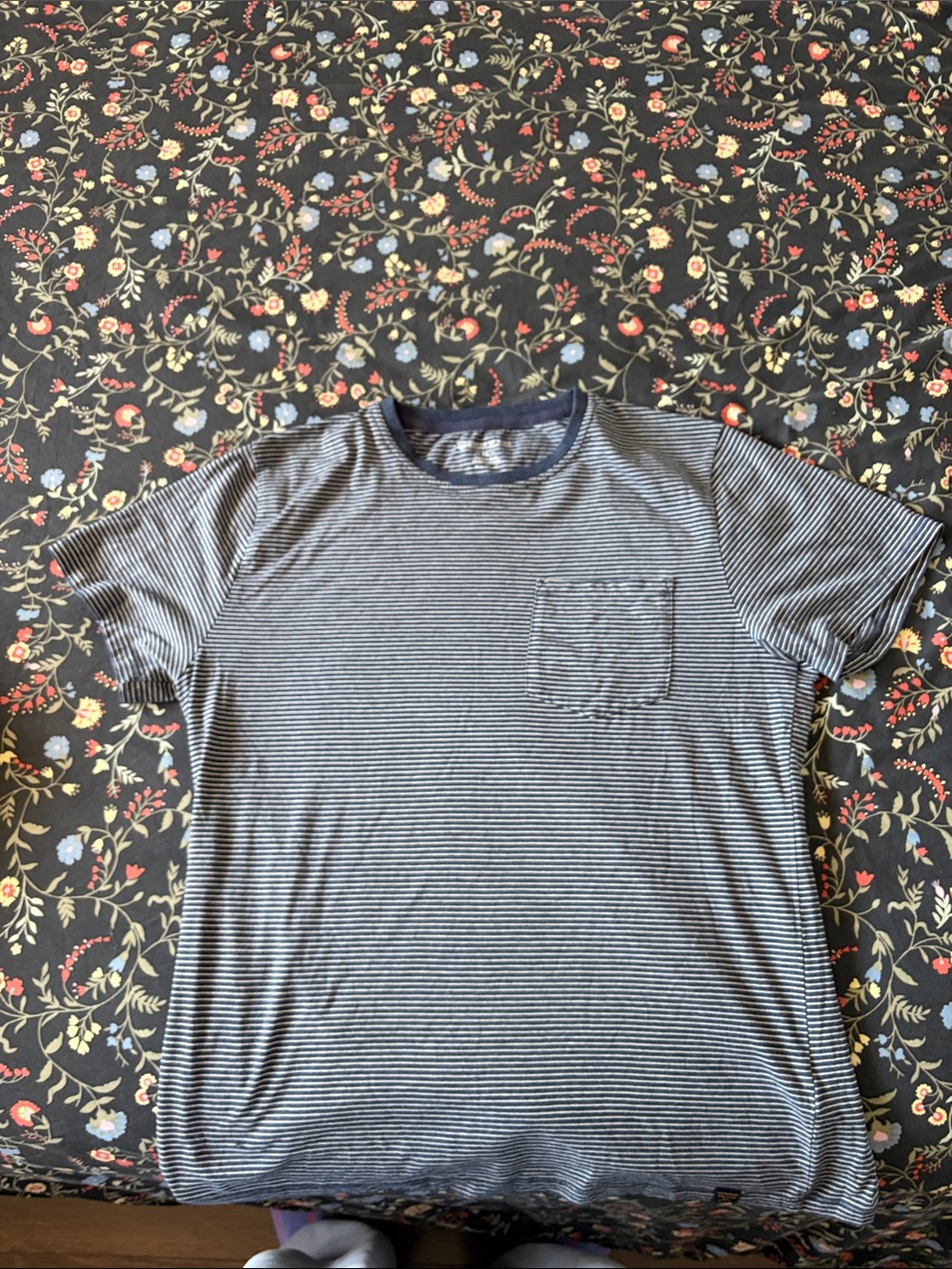 United By Blue Navy and White Thin-Stripe Pocket Tee